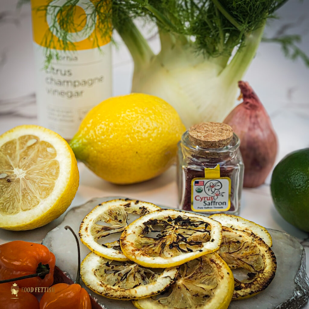 Charred lemon saffron jam ingredients