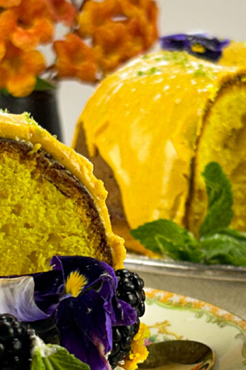 Citrus Apple Turmeric Cake, sliced and plated