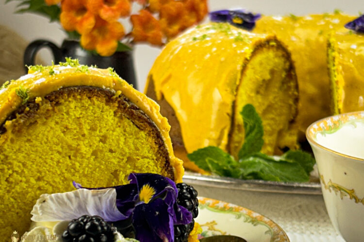 Citrus Apple Turmeric Cake, sliced and plated