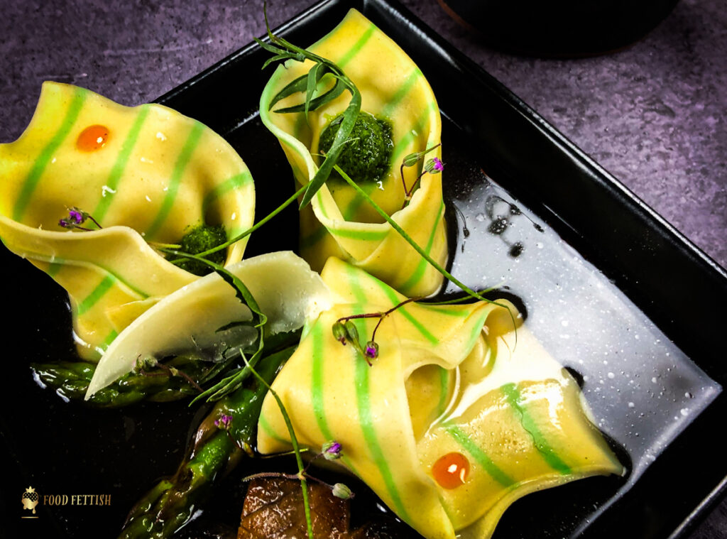 Smoked Chicken Bacon Cappelletti with Herb Puree