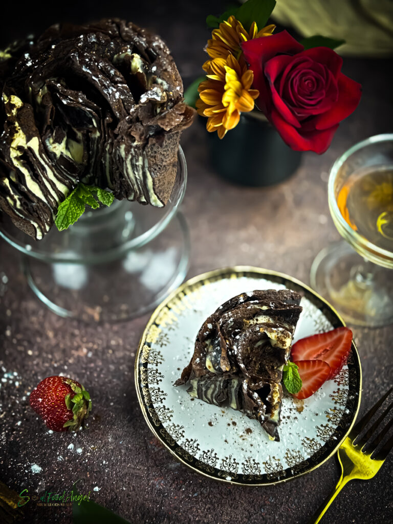 Chocolate Almond Crepe Cake recipe, cut and served 3