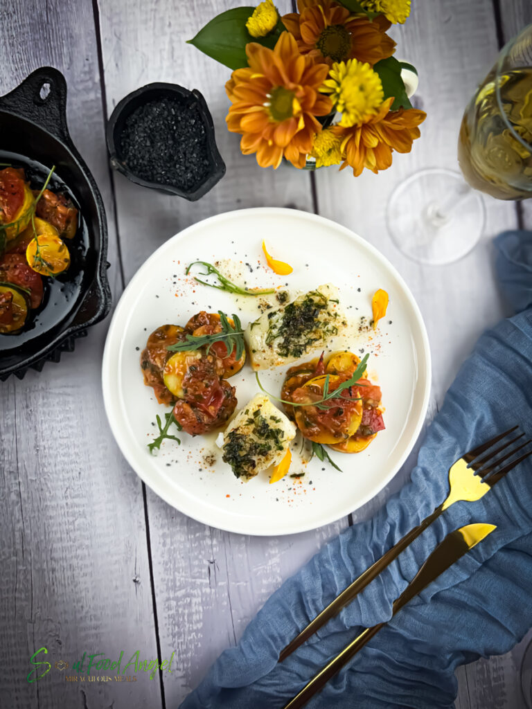 Plated Sea Bass with Tomatoes and Summer Squash recipe