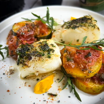 Plated Sea Bass with Tomatoes and Summer Squash recipe, close up