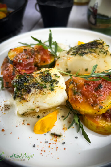 Plated Sea Bass with Tomatoes and Summer Squash recipe, close up