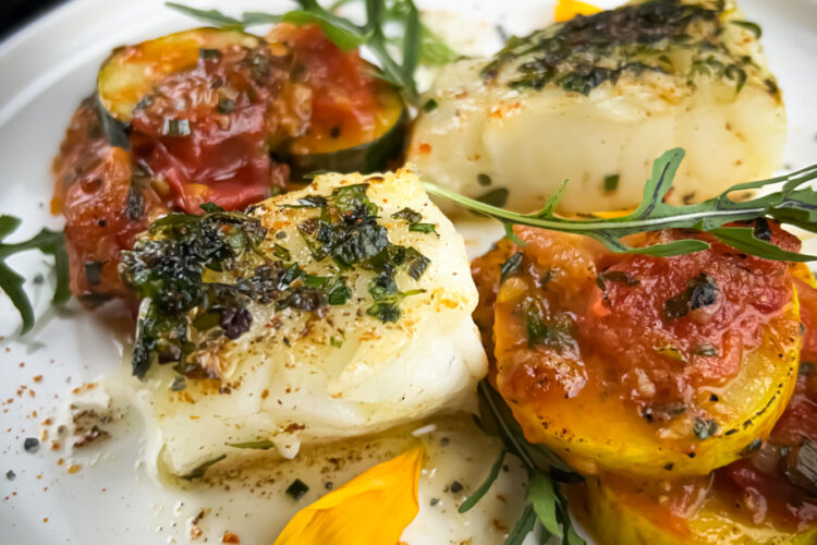 Plated Sea Bass with Tomatoes and Summer Squash recipe, close up