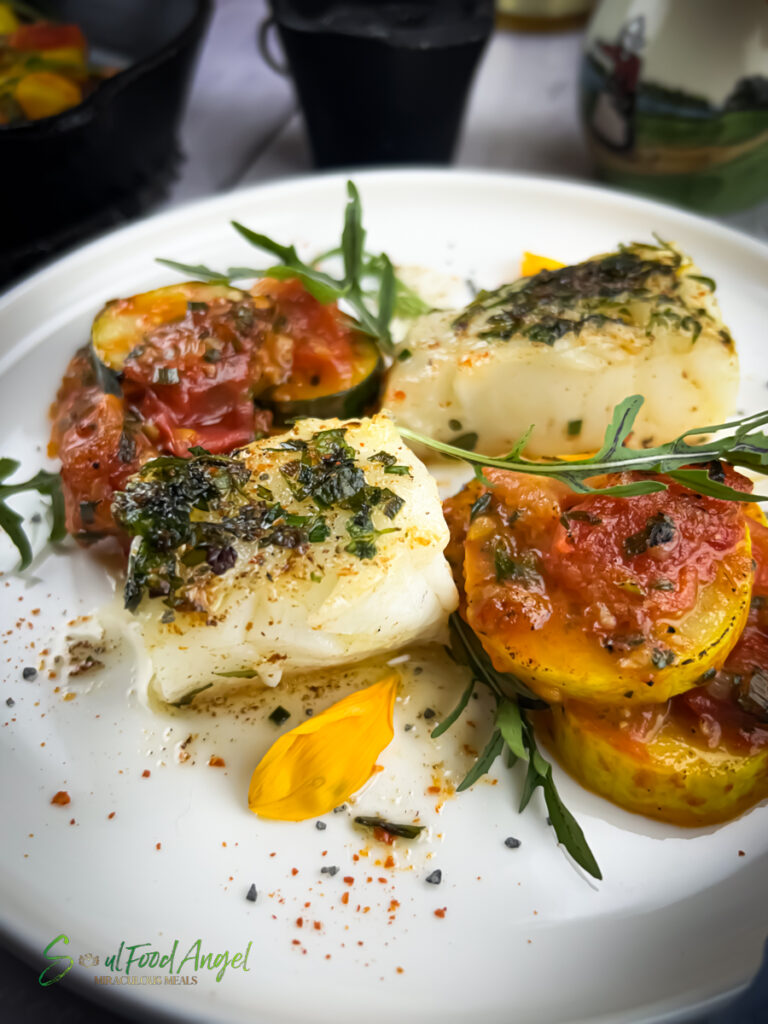 Plated Sea Bass with Tomatoes and Summer Squash recipe, close up