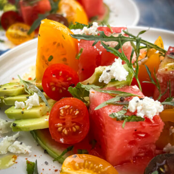 Tomato watermelon salad with harissa vinaigrette