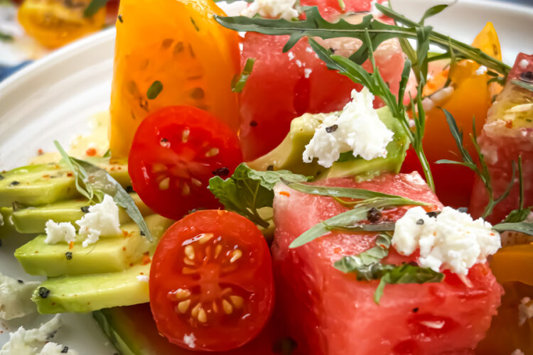 Tomato watermelon salad with harissa vinaigrette