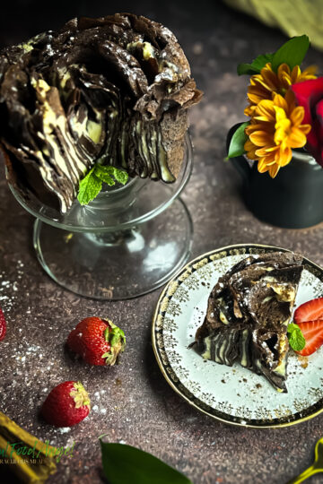 Chocolate Almond Crepe Cake recipe, cut and served