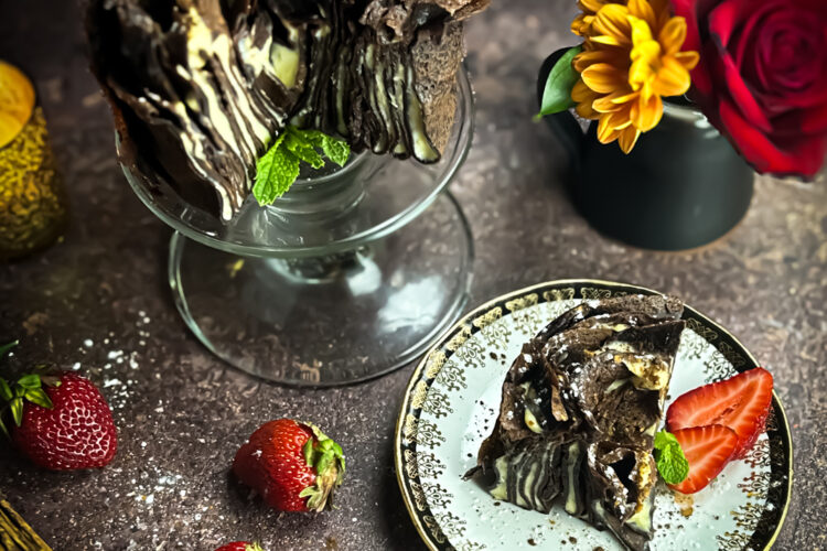 Chocolate Almond Crepe Cake recipe, cut and served