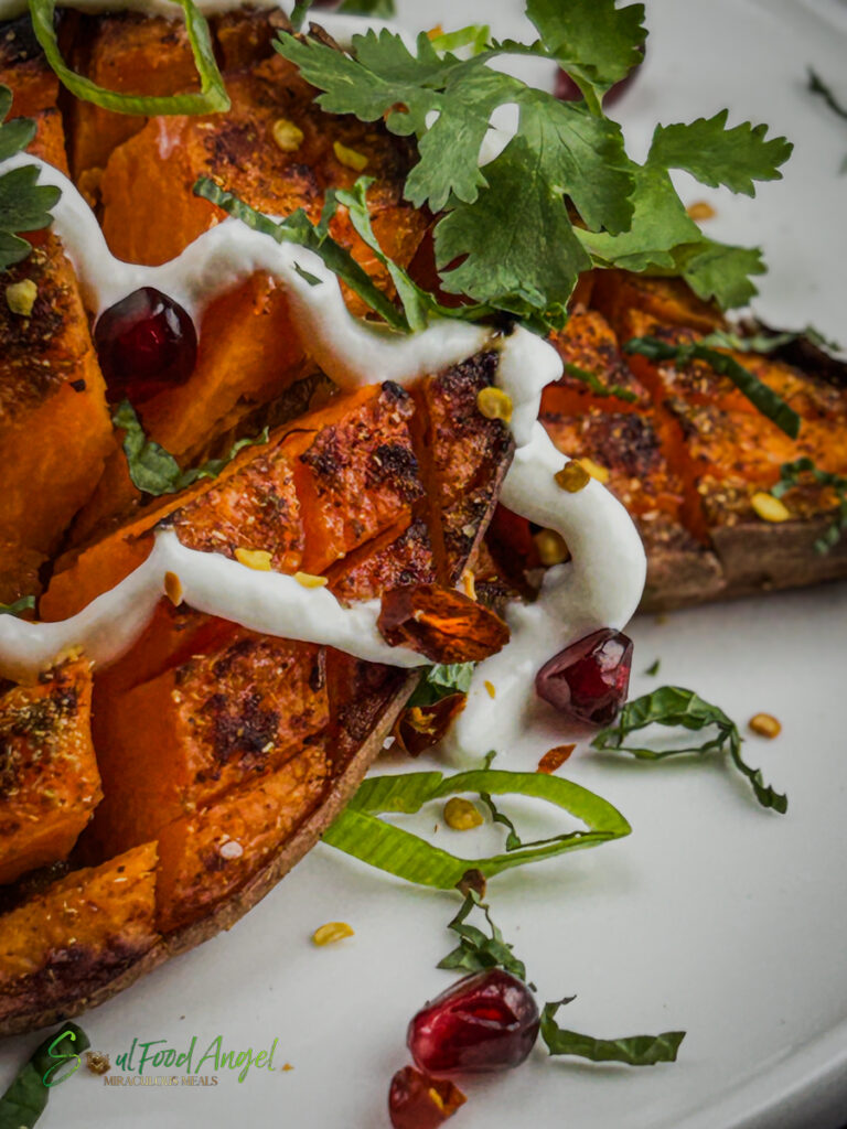 Crispy loaded sweet potatoes, plated and ready to eat, micro close up