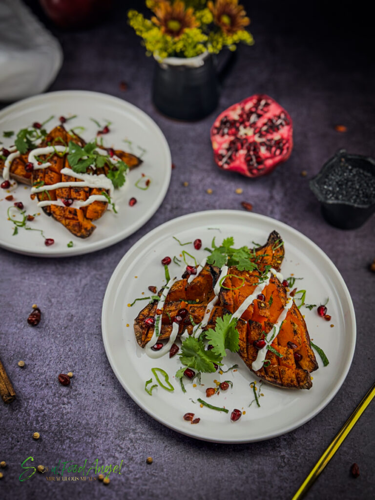 Crispy loaded sweet potatoes, plated and ready to eat, distant shot