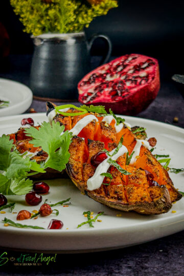 Crispy loaded sweet potatoes, plated and ready to eat 2