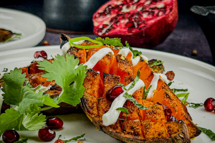 Crispy loaded sweet potatoes, plated and ready to eat 2