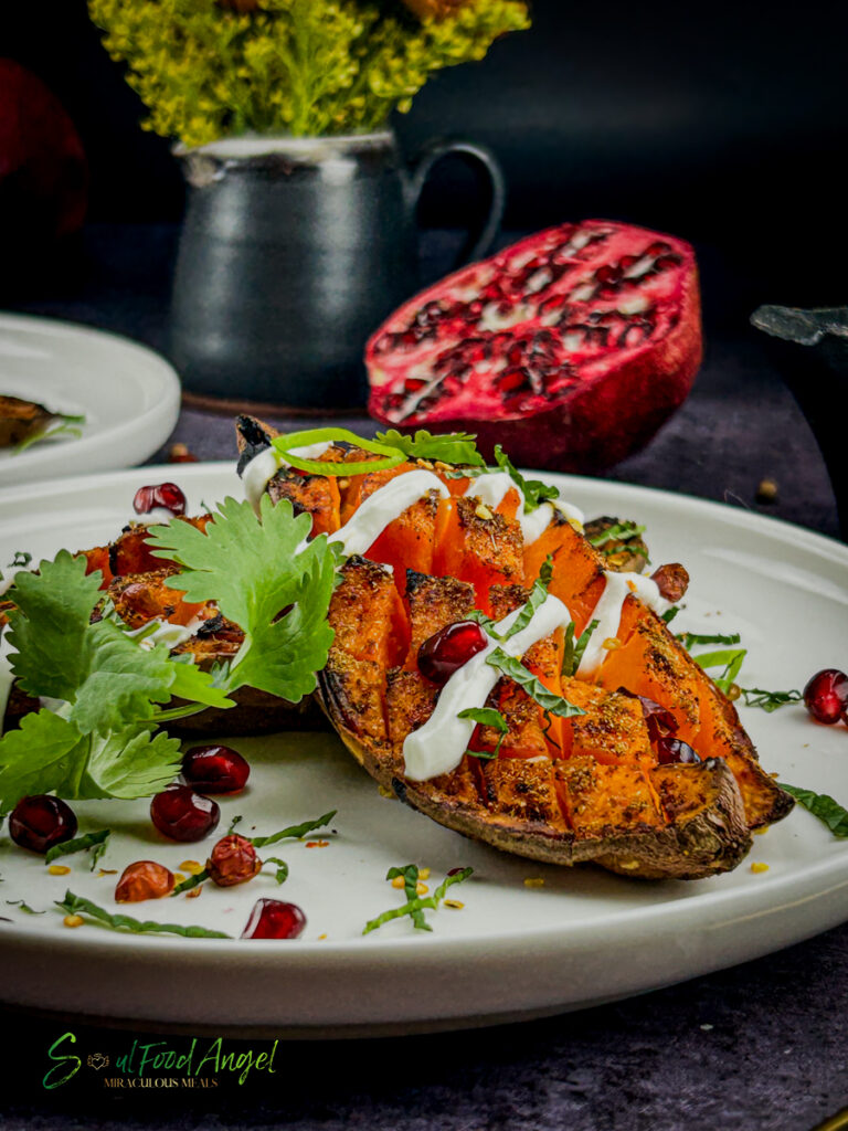 Crispy loaded sweet potatoes, plated and ready to eat 2