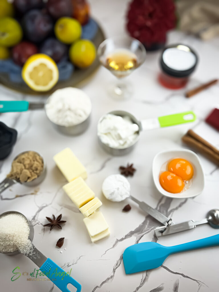 Displayed ingredients for Tuscan Plum Cake recipe